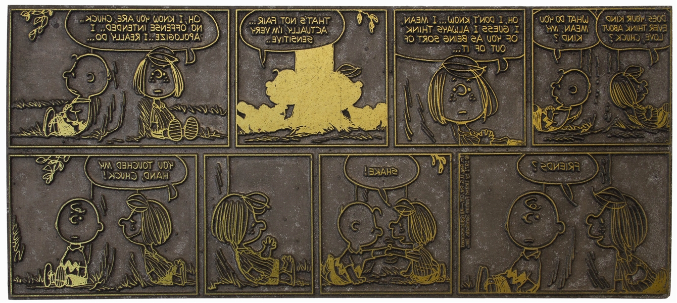 Original Printing Plate for the Famous 1971 ''Peanuts'' Comic Strip Celebrating Bob Dylan's 30th Birthday -- Plus 12 Other Original Comic Printing Plates Including Four More for ''Peanuts''